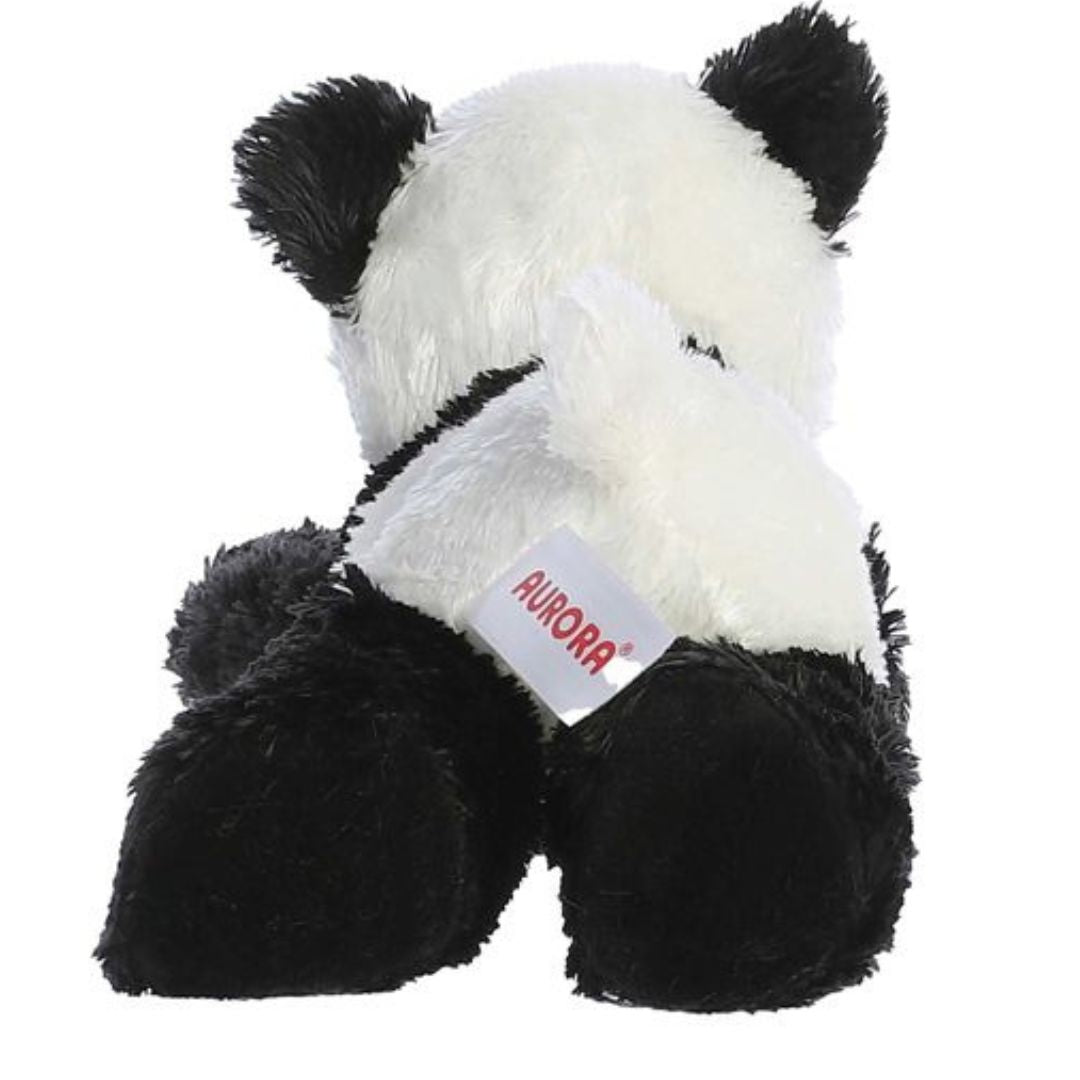 Back view of the Mini Flopsie Panda plush toy highlighting its black hind legs, white back, and small tail.
