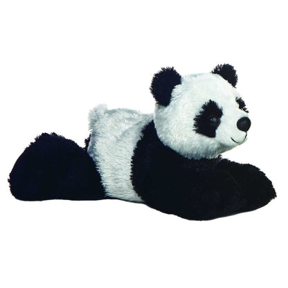 Angled view of the Aurora Mini Flopsie 8-inch Mei Mei Panda plush resting on its belly, showing its black and white fur.