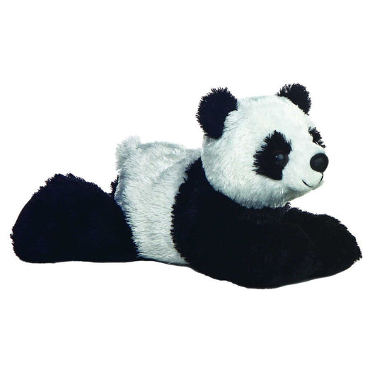 Angled view of the Aurora Mini Flopsie 8-inch Mei Mei Panda plush resting on its belly, showing its black and white fur.