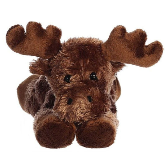 Straight-on front view of the moose stuffed animal highlighting its wide snout, dark eyes, and symmetrical palmated antlers.