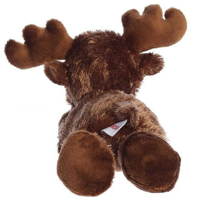 Rear view of the moose plush showing its fuzzy brown back, extended hind legs, and a small tufted tail.