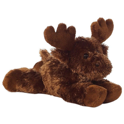 Angled side view of the Aurora Mini Flopsie Maxamoose Moose 8-inch plush resting on its belly, featuring rich dark brown fur and soft antlers.