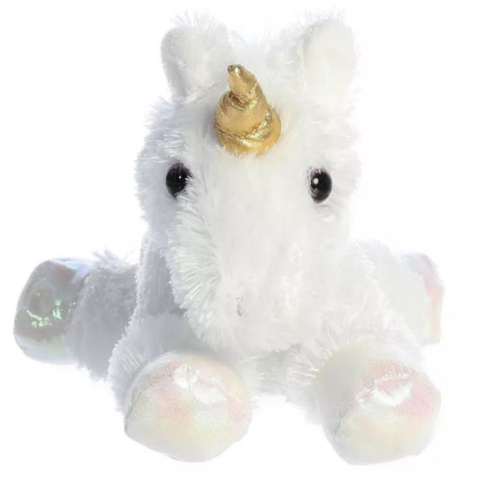 Straight-on front view of the white unicorn stuffed animal highlighting its glittering golden horn, dark eyes, and front iridescent hooves.