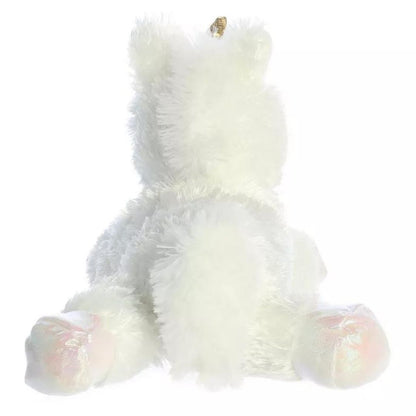 Rear view of the unicorn plush showing its fuzzy white back, extended hind legs, and fluffy white tail.