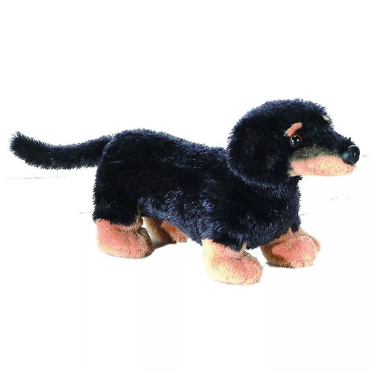 Angled front-side view of the 8-inch Aurora Mini Flopsie Vienna Dachshund stuffed animal showing its long black body and tan paws.