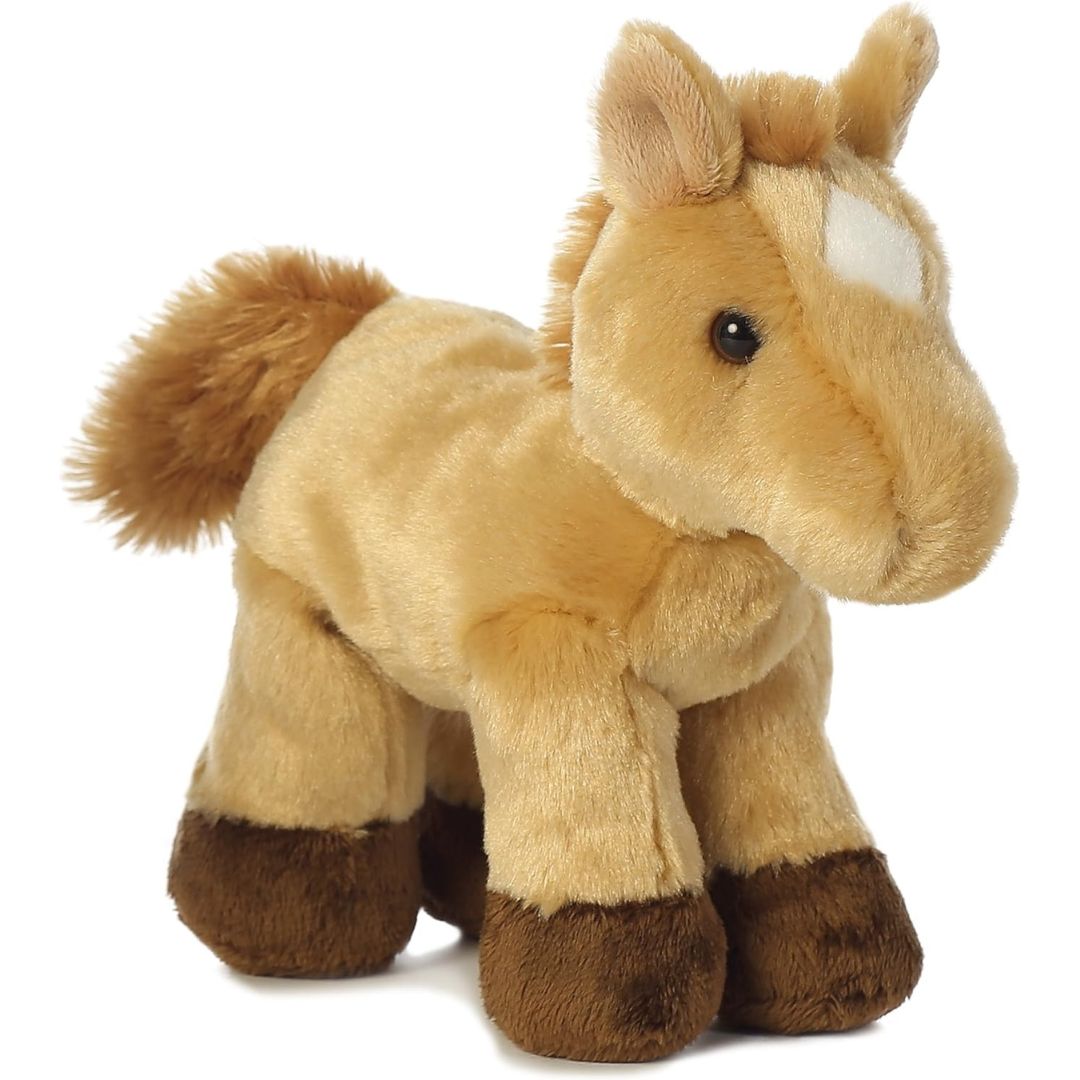 Three-quarter front view of the tan horse stuffed animal standing upright, highlighting its dark brown hooves and white facial marking.