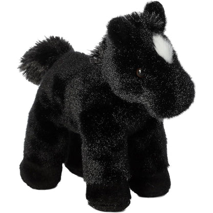 Three-quarter front view of the black horse stuffed animal standing upright, highlighting its white facial marking and perky ears.