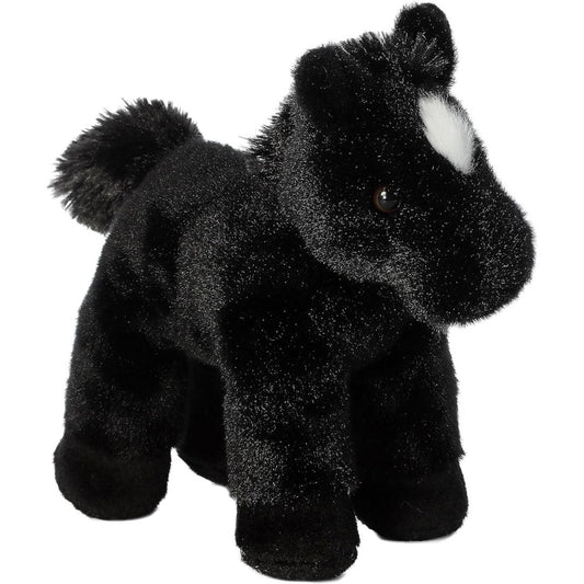 Three-quarter front view of the black horse stuffed animal standing upright, highlighting its white facial marking and perky ears.