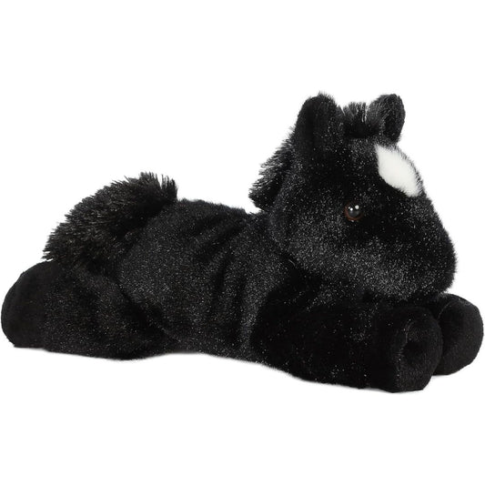Angled side view of the Aurora Mini Flopsie Beau Black Stallion 8-inch plush resting on its belly, featuring solid pitch-black fur and a white forehead star.