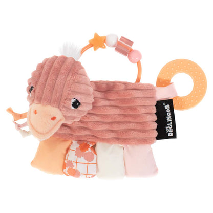 Front view of the Les Deglingos Pomelos the Ostrich soft activity toy featuring pink ribbed corduroy, an orange silicone teething ring, fabric tags, and a beaded rattle handl