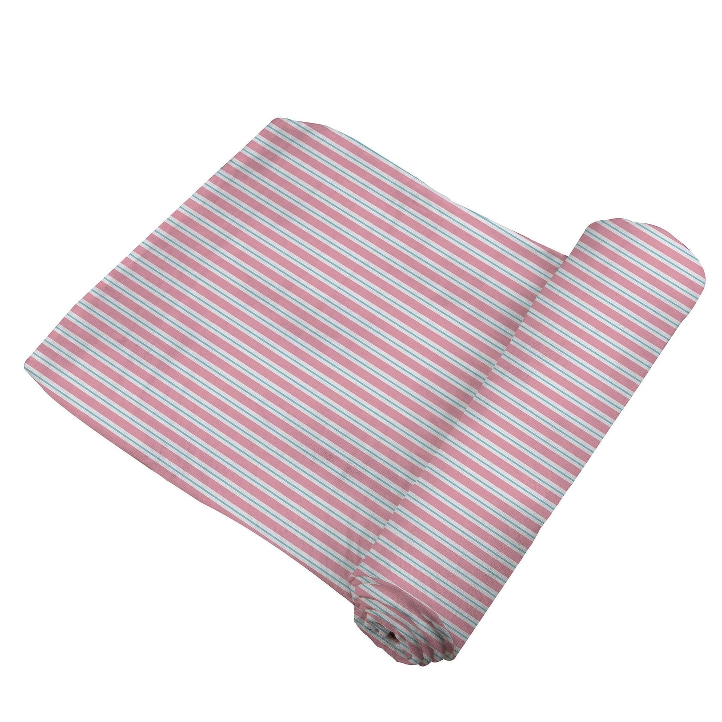 A partially unrolled bamboo muslin swaddle featuring a classic pink and white pinstripe pattern.
