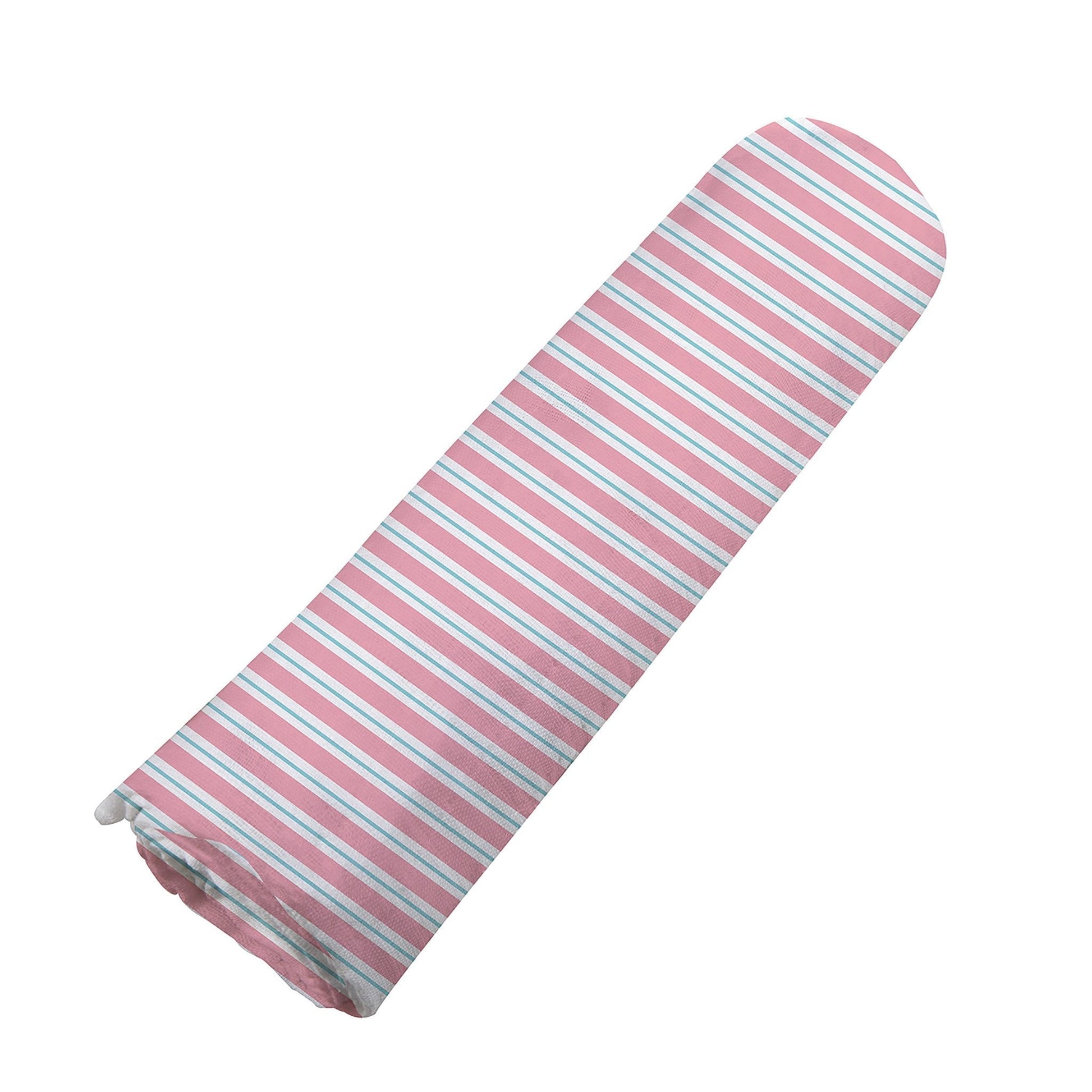 A tightly rolled 47x47 bamboo muslin swaddle showcasing the pink Candy Stripe design.