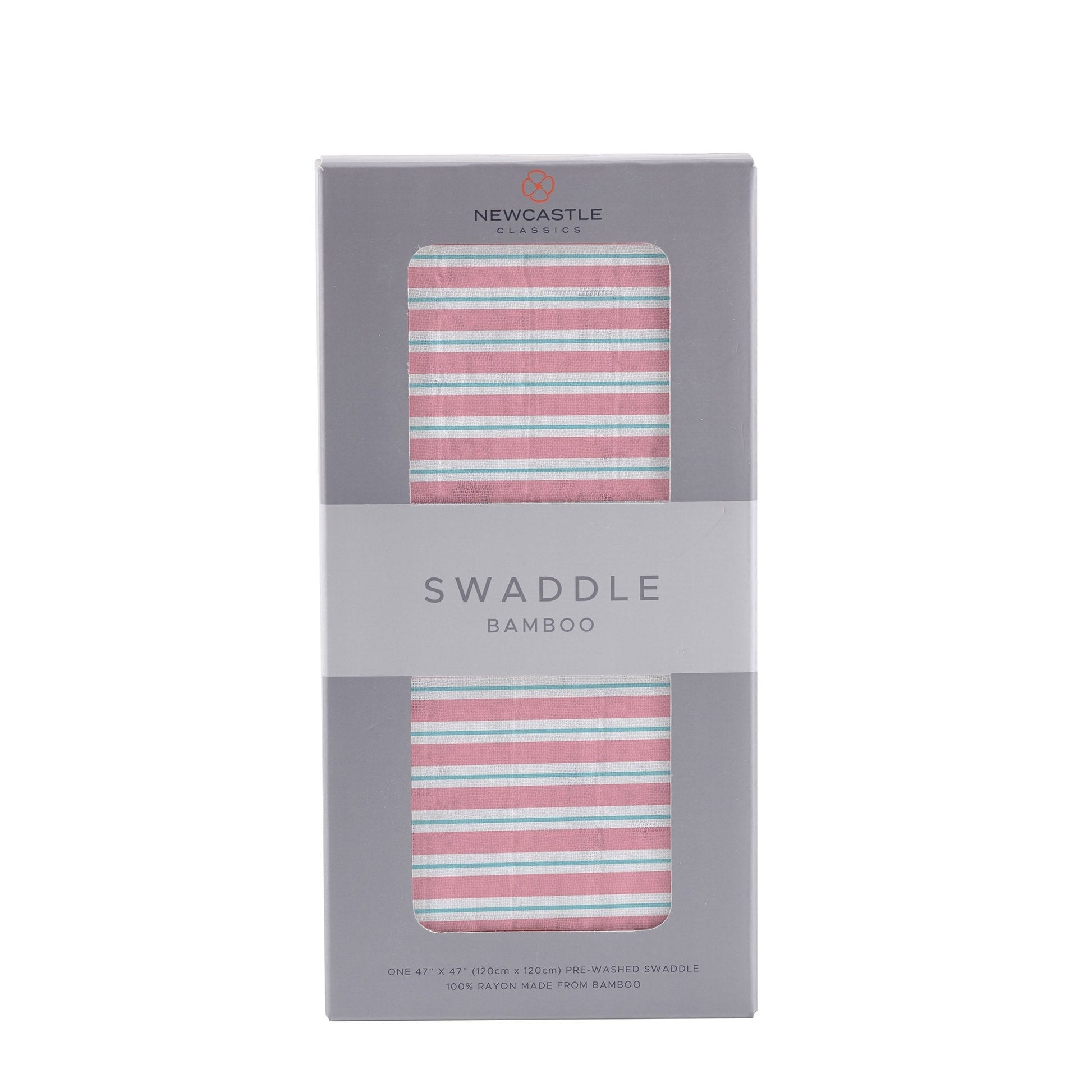 Retail window box packaging for the Newcastle Classics 100% soft bamboo swaddle in Candy Stripe.