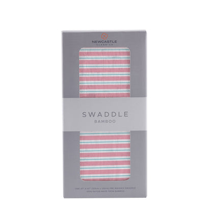 Retail window box packaging for the Newcastle Classics 100% soft bamboo swaddle in Candy Stripe.