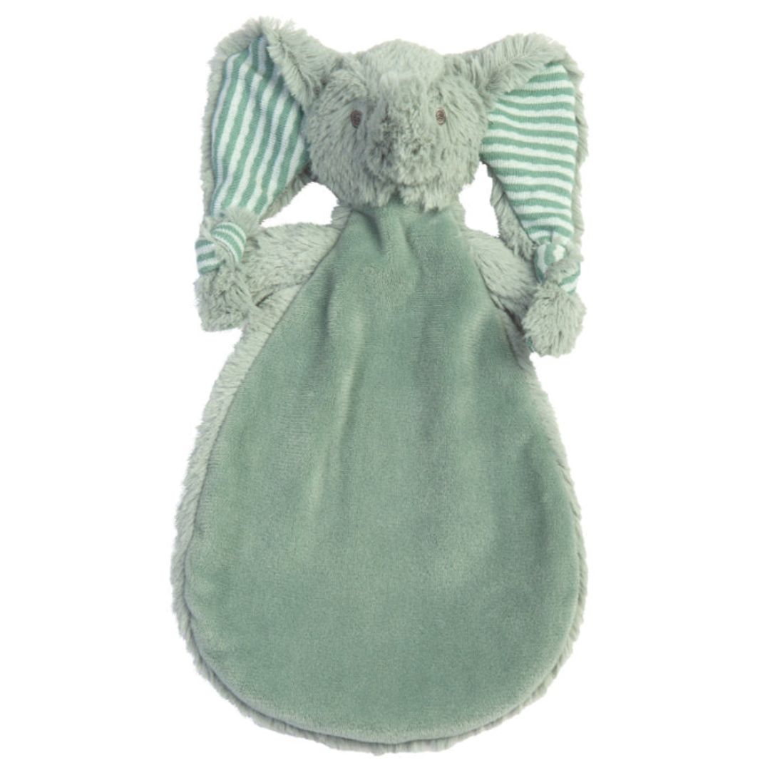 Happy Horse Elephant Eddy sage green plush security tuttle blanket with striped ears against a white background.