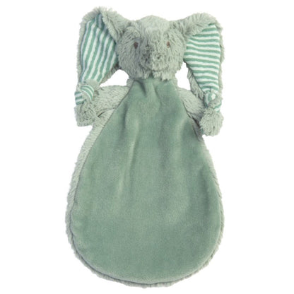 Happy Horse Elephant Eddy sage green plush security tuttle blanket with striped ears against a white background.