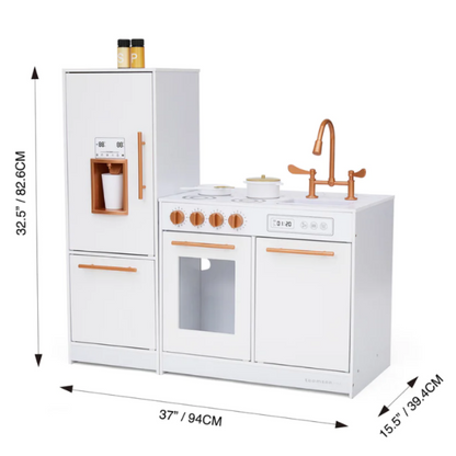 Little Chef Milano Two-Piece Modular Modern Delight Play Kitchen with Cooking Accessories, Faux Marble Finish, & Rose Gold Hardware, White