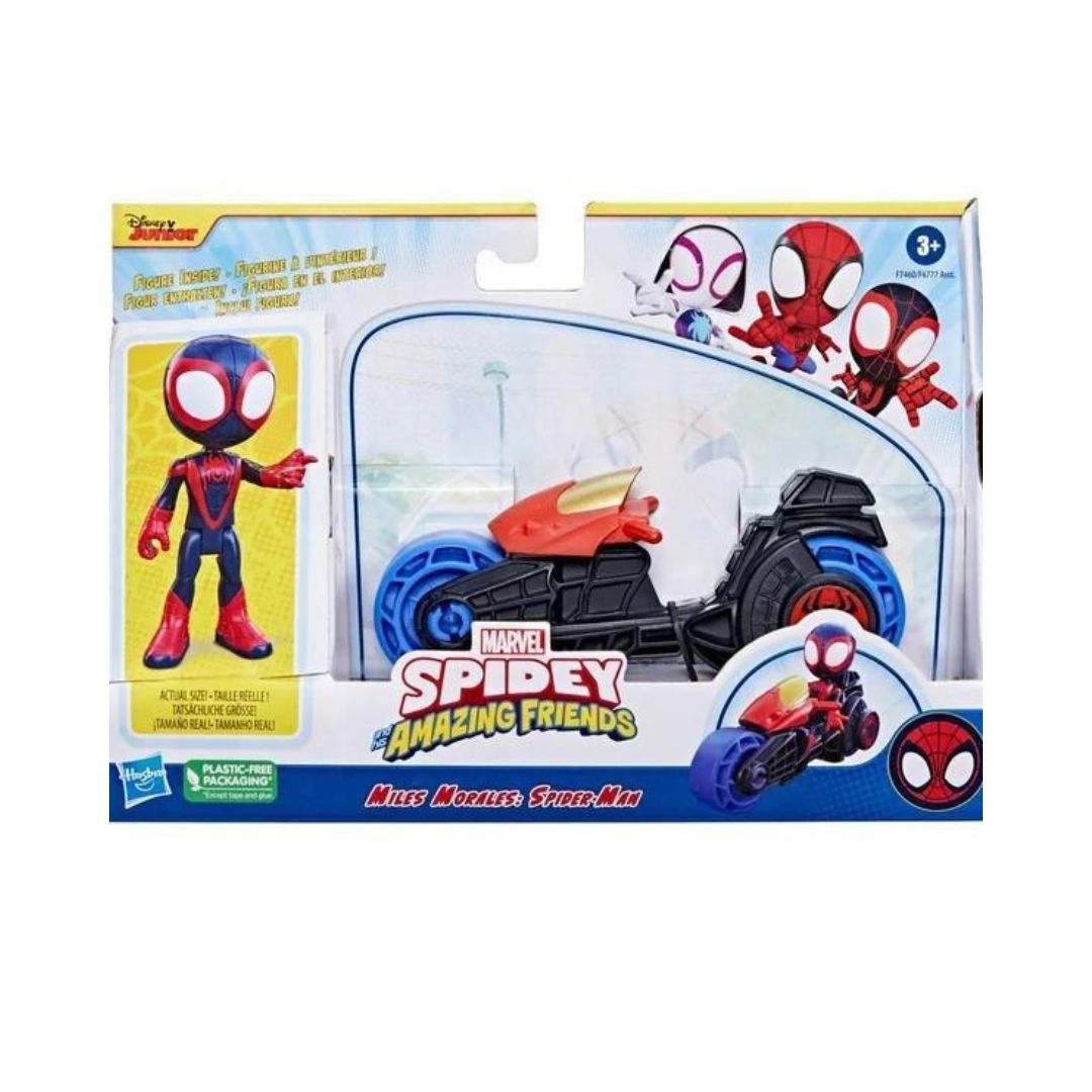 Marvel Spidey and His Amazing Friends, 4" Inch Miles Morales Action Figure & Toy Motorcycle, Kids 3 and Up
