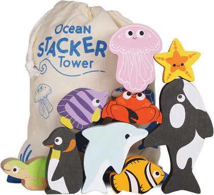Le Toy Van - Wooden Toys - Petilou Baby & Toddler - Ocean Animal Building Blocks Stacker & Bag Activity Toy