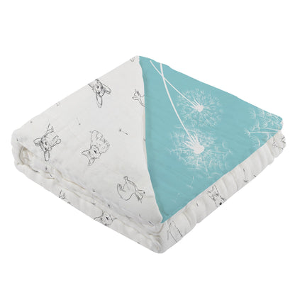 Close-up of the thick, folded multi-layer bamboo blanket showcasing the reversible puppy and aqua dandelion patterns.