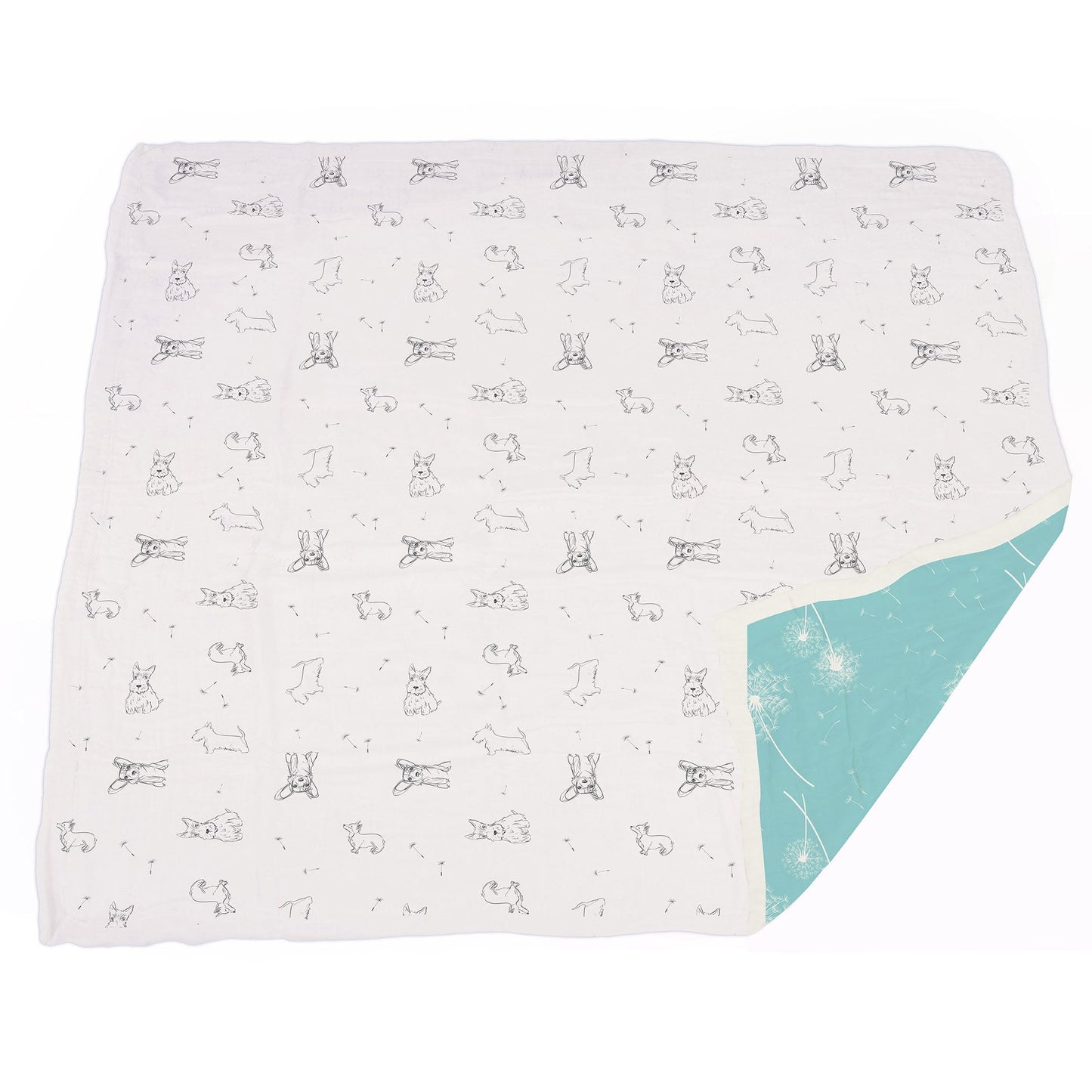 Close-up of the thick, folded multi-layer bamboo blanket showcasing the reversible puppy and aqua dandelion patterns.