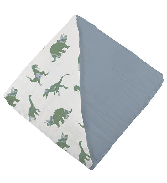 Close-up of the thick, folded multi-layer cotton blanket showcasing the reversible dinosaur and solid slate blue patterns.
