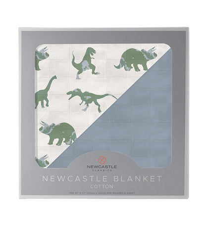 Front view of the premium retail window box packaging for the Newcastle Classics multi-layer cotton blanket.