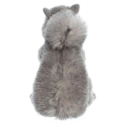 Rear view of the gray squirrel stuffed animal highlighting its large, fluffy, and bushy grey tail.