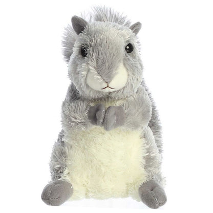 Straight-on front view of the Aurora Mini Flopsie Nutty the Gray Squirrel 8-inch plush sitting upright, featuring grey fur and a cream belly.