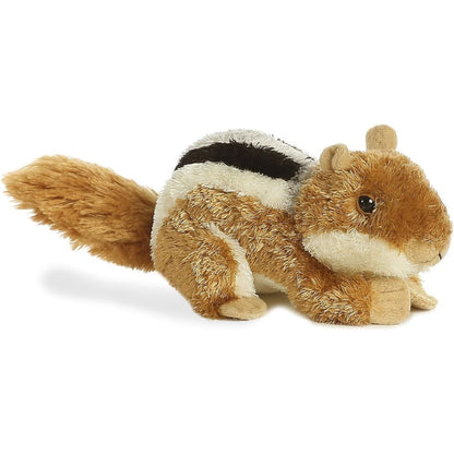 Angled side view of the Aurora Mini Flopsie Chip Chipmunk 8-inch plush resting on its belly, featuring brown fur and a bushy outstretched tail.