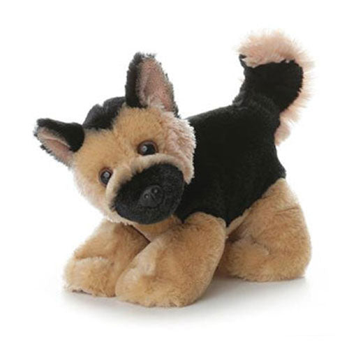 Angled front view of the German Shepherd plush with its head slightly tilted in a playful pose.
