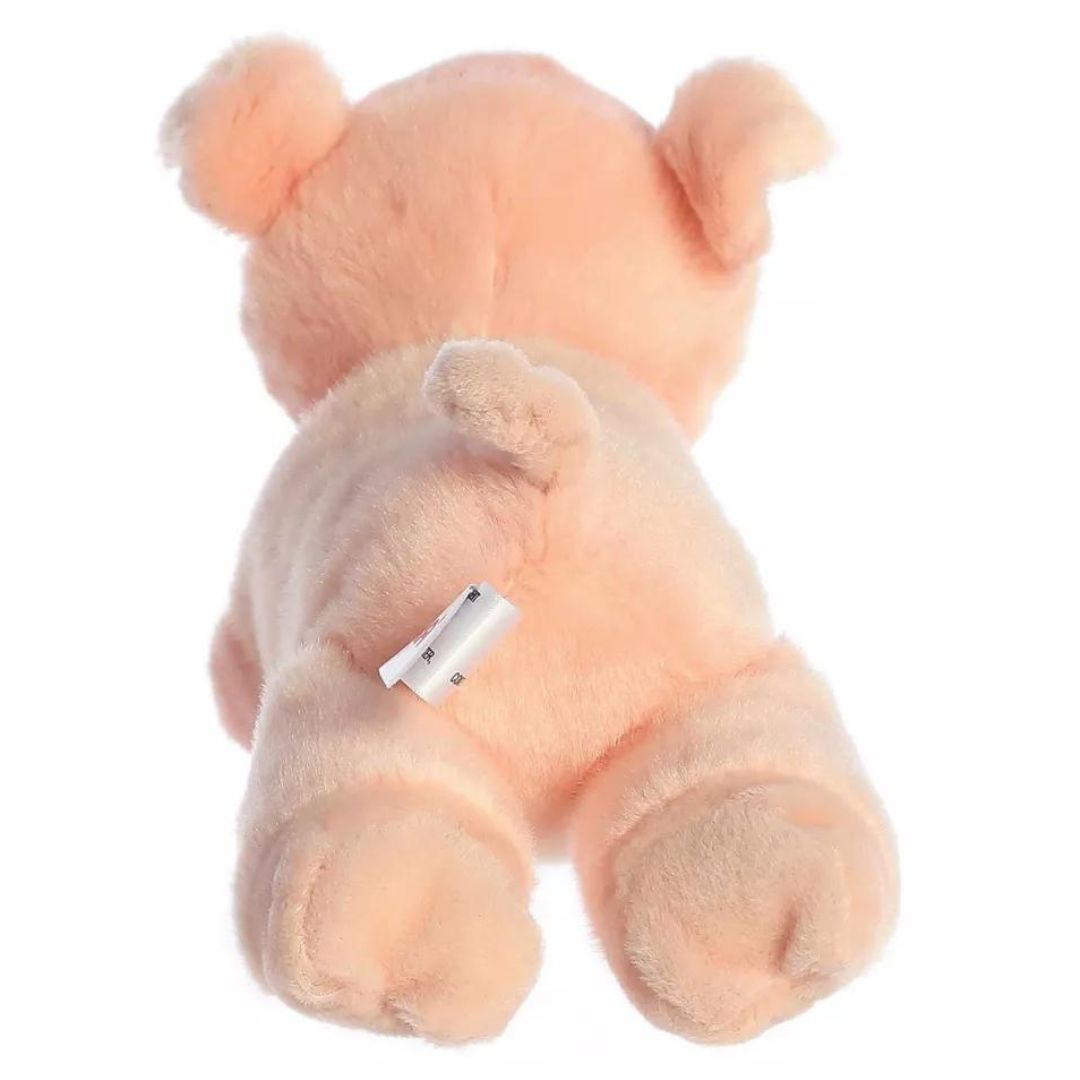 Back view of the Mini Flopsie Pig plush toy highlighting its floppy hind legs, pink back, and cute curly tail.