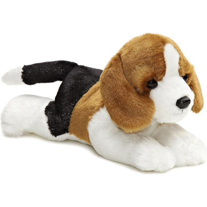 Angled front view of the 8-inch Aurora Mini Flopsie Homer the Beagle stuffed animal resting on its tummy, showing its tricolor black, brown, and white coat.