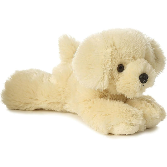 Angled front view of the 8-inch Aurora Mini Flopsie Bailie dog stuffed animal lying down, showing its soft light cream fur.