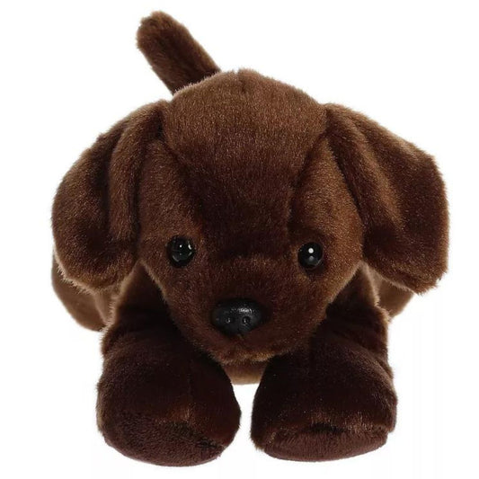 Straight-on front view of the soft Chocolate Lab plush showing its face, floppy ears, and black nose.