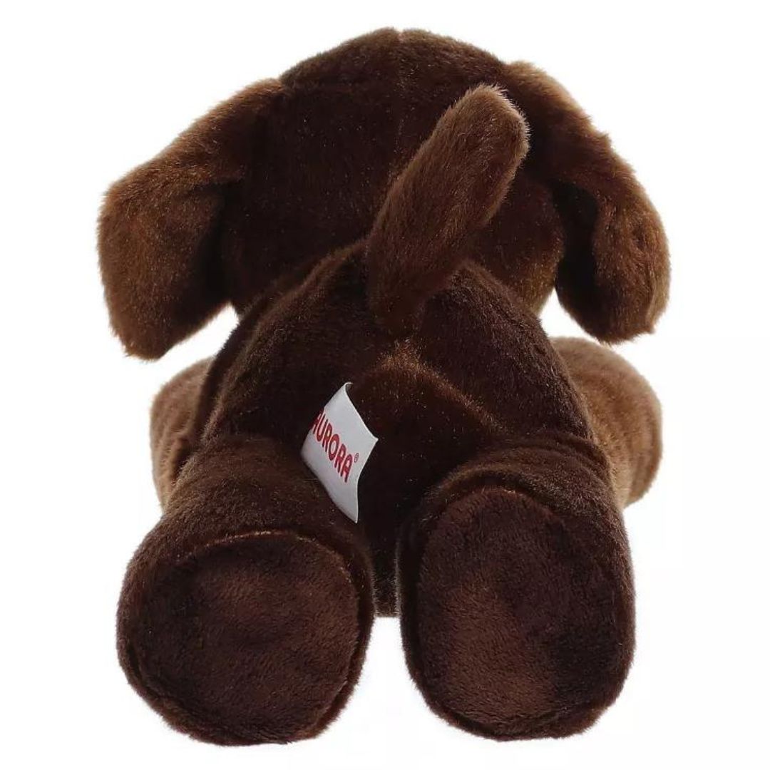 Direct back view of the cuddly Lil Lucky dog plush highlighting its perky tail and dark brown hind legs.