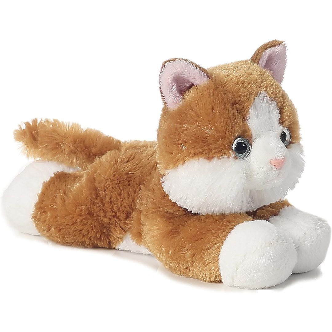 Angled front view of the 8-inch Aurora Mini Flopsie Sunshine Tabby Cat stuffed animal lying down, showing its warm golden-brown and white fur.