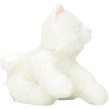 Rear side profile view of the white kitten stuffed animal highlighting its fluffy white coat, pink-lined ears, and curled hind leg.