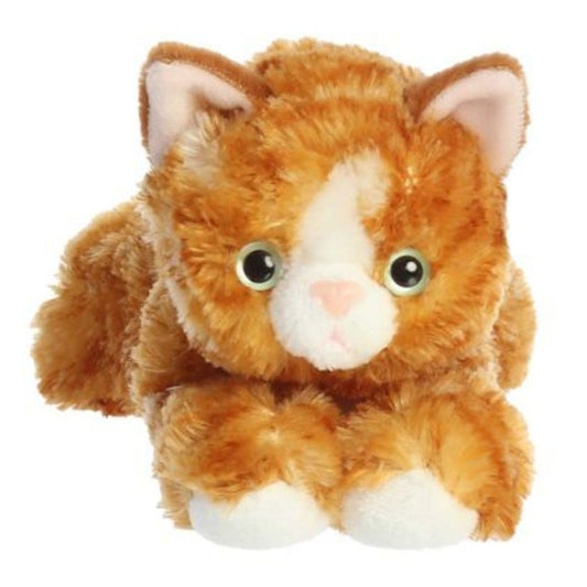 Straight-on front view of the ginger tabby cat stuffed animal highlighting its white muzzle, pink nose, and striking green eyes.