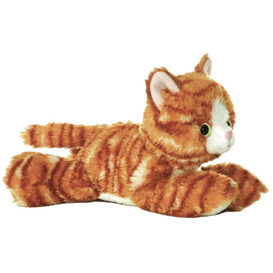 Angled side view of the Aurora Mini Flopsie Molly the Cat 8-inch plush resting on its belly, featuring orange ginger tabby fur and white paws.