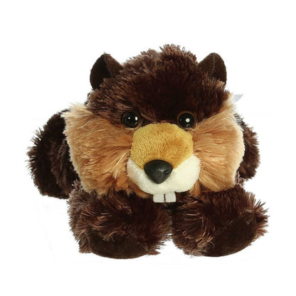 Straight-on front view of the beaver stuffed animal highlighting its sweet face, tan cheeks, and signature white buck teeth.