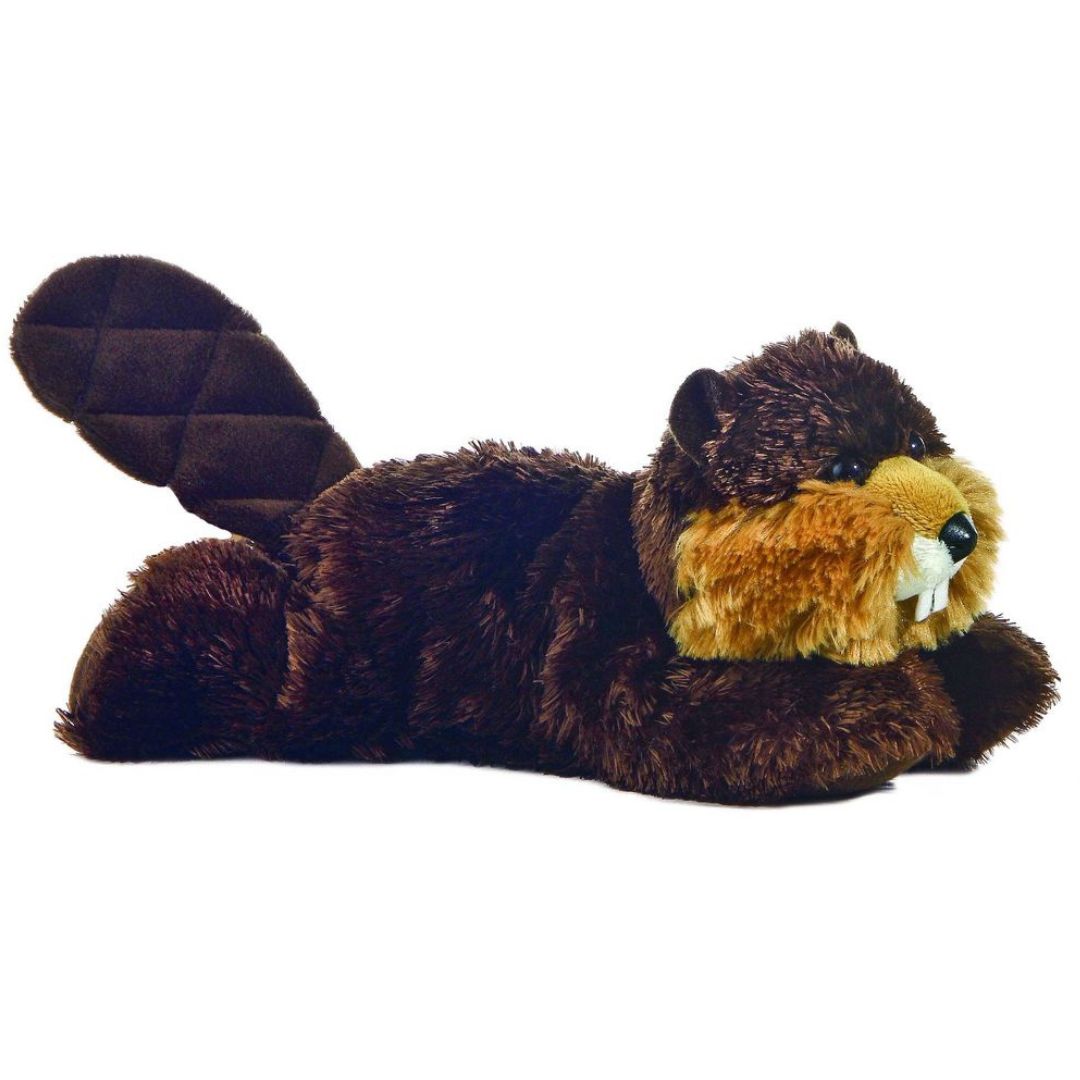 Angled side view of the Aurora Mini Flopsie Builder the Beaver 8-inch plush resting on its belly, featuring a quilted paddle tail.