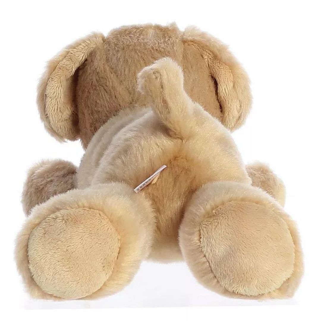 Direct back view of the cuddly Labrador stuffed animal highlighting its short perky tail and back paws.