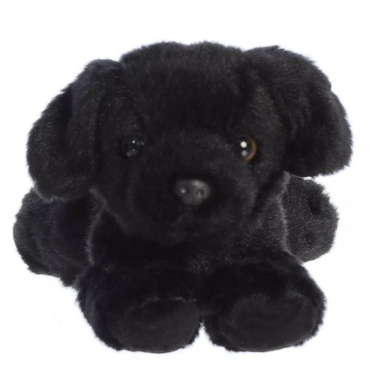 Straight-on front view of the soft black dog plush showing its face, floppy ears, and brown eyes.