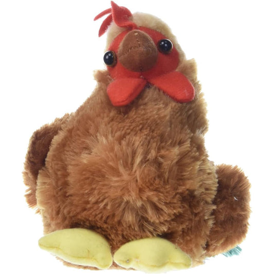 Straight-on front view of the soft brown rooster plush showing its sweet face, red wattle, and yellow feet.