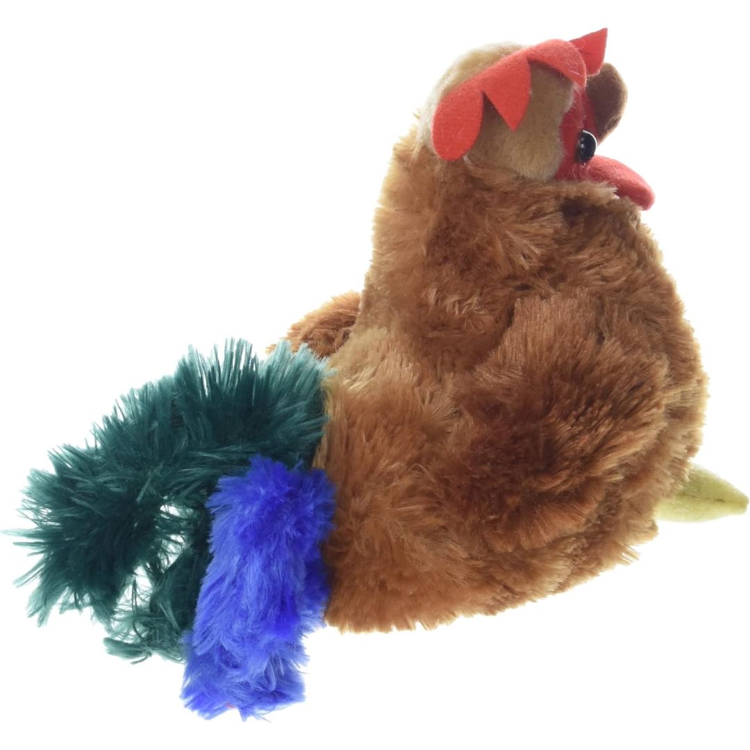 Side angled view of the cuddly Cocky Rooster stuffed animal highlighting its bright blue and dark green fluffy tail feathers.