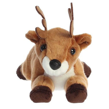 Straight-on front view of the soft deer plush showing its sweet face, black nose, and white muzzle.