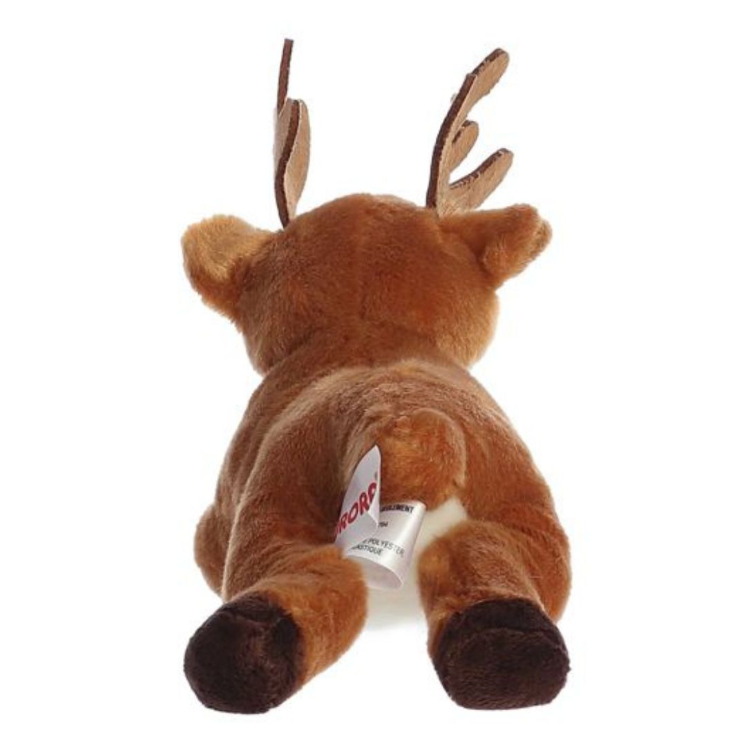 Direct back view of the cuddly deer stuffed animal highlighting its small tail, antlers, and dark brown back hooves.