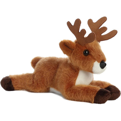 Angled front view of the 8-inch Aurora Mini Flopsie Deer stuffed animal resting on its tummy, showing its brown coat, white chest, and antlers.