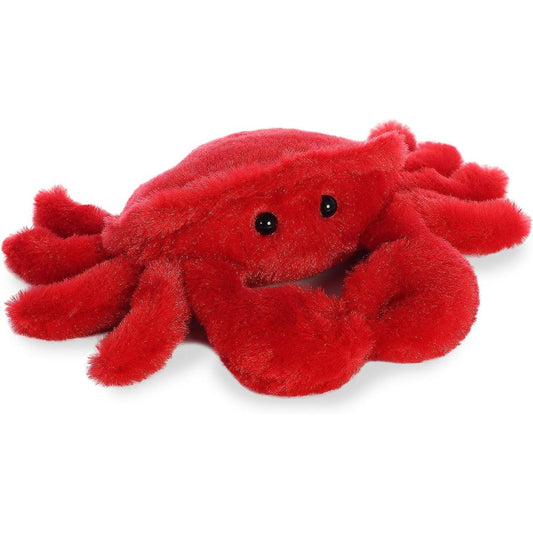 Angled front view of the 8-inch Aurora Mini Flopsie Crab stuffed animal resting on its tummy, showing its bright red plush body and large front claws.